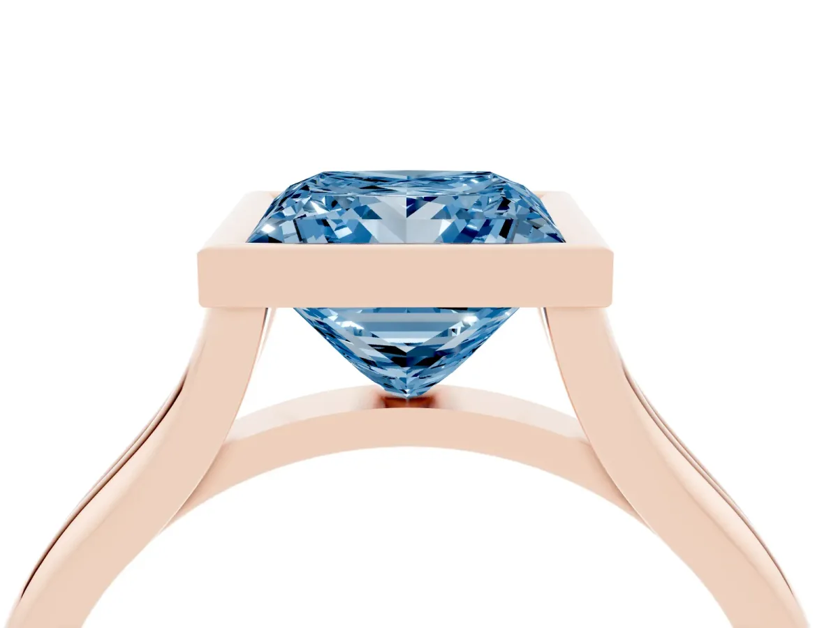 Fancy Blue Bezel Set Princess Cut Cut Solitaire Ring with Tapered Band Rose gold