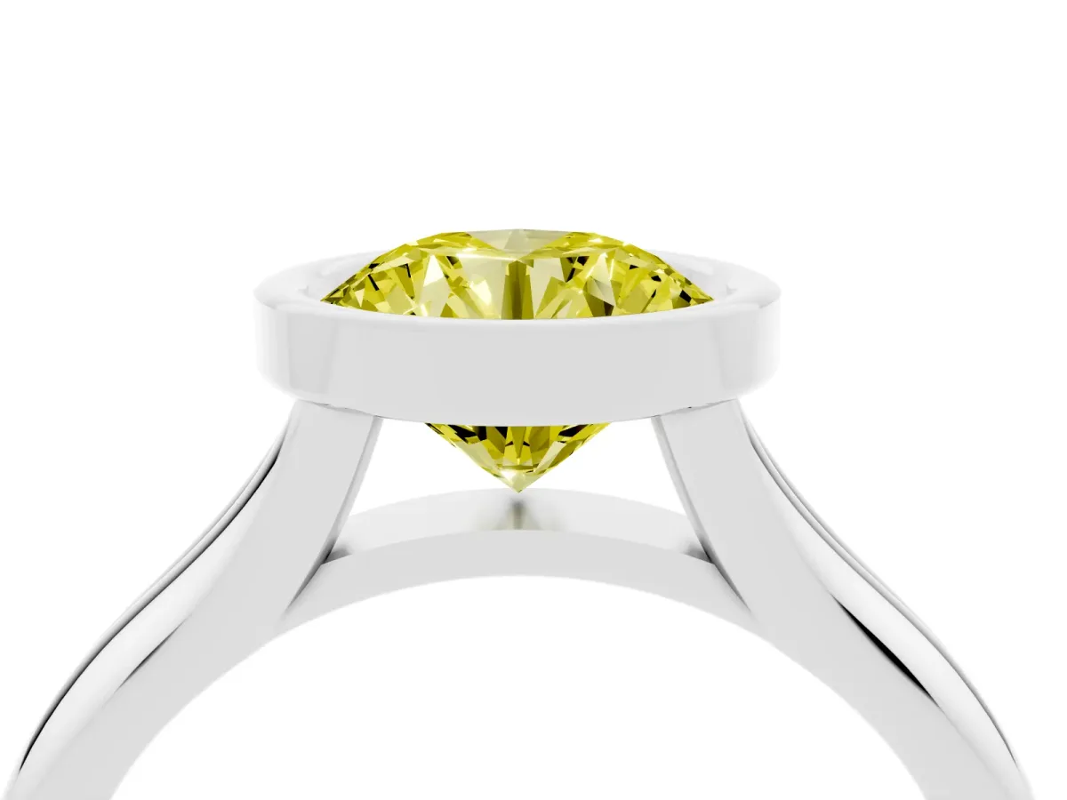 Fancy Yellow Bezel Set Round Cut Solitaire Diamond Ring with Smooth Band Platinum