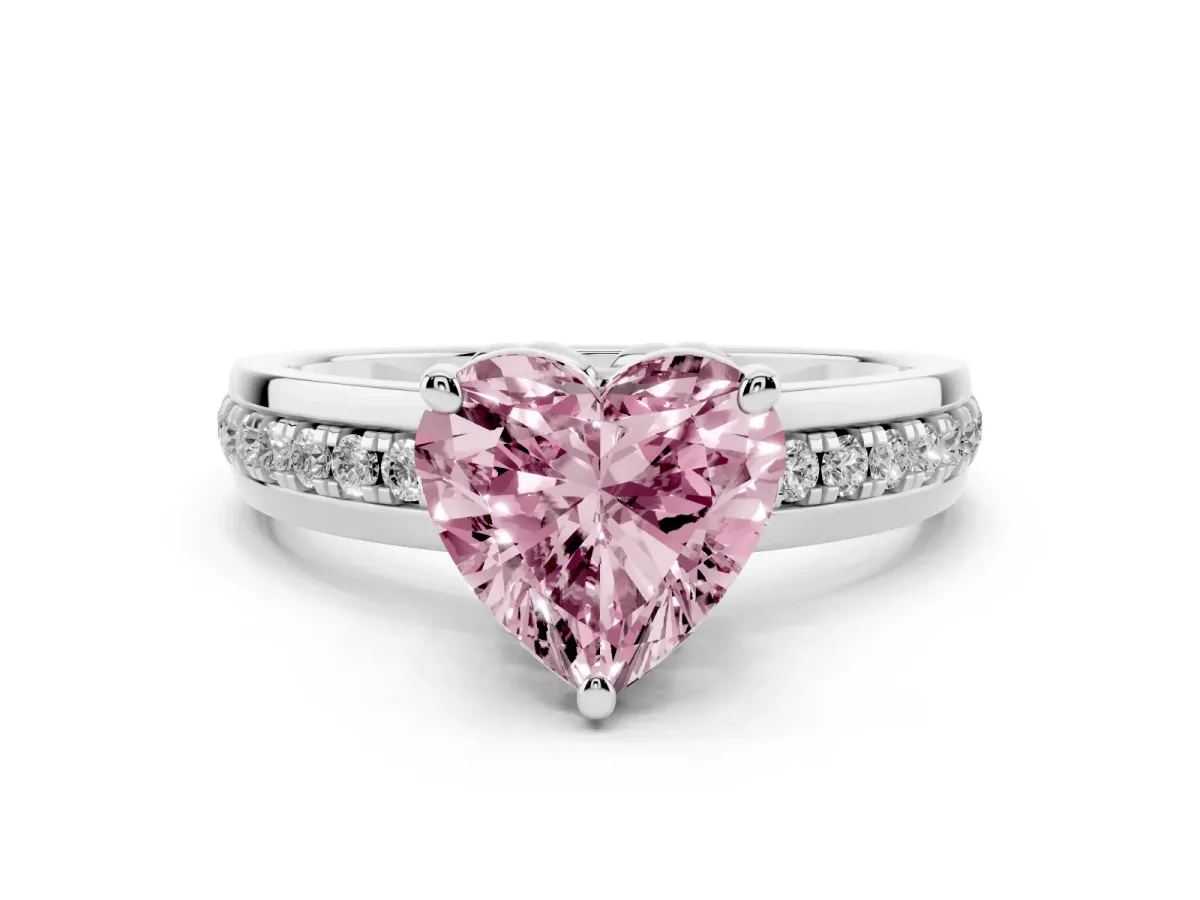 Fancy Pink Heart Cut Solitaire Diamond Ring with Channel Set Band and Six-Prong Setting Silver