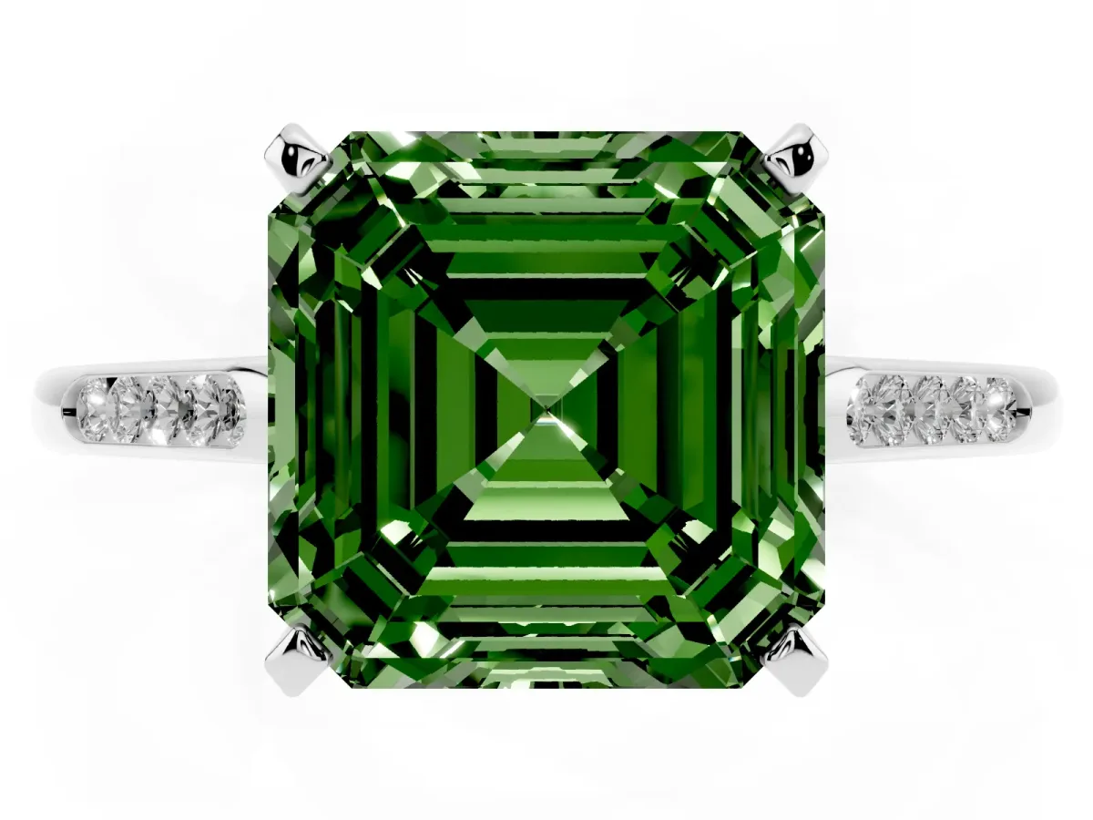 Fancy Green Asscher Cut Diamond Solitaire Ring with Channel Set Round Band and Prong Setting Silver