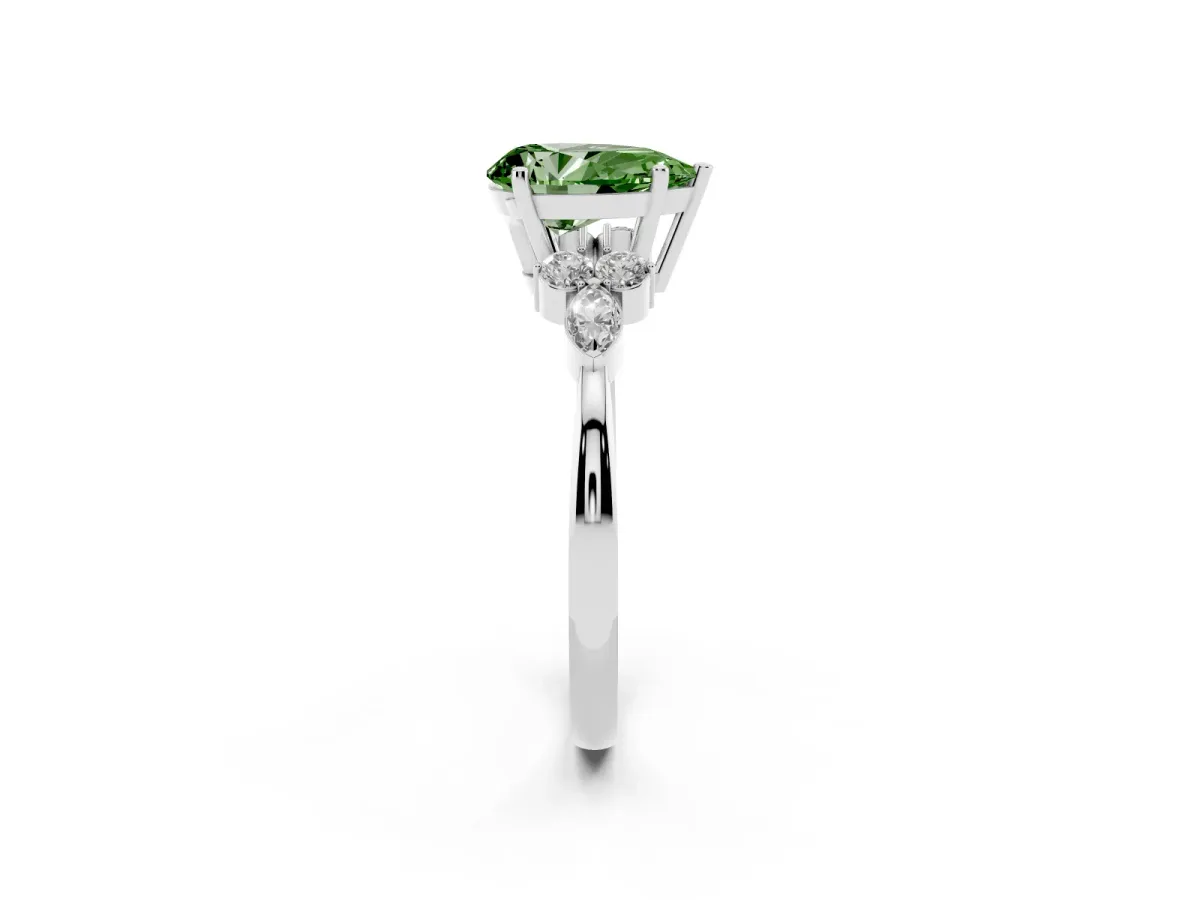 Fancy Green Pear Cut Brilliant Diamond Solitaire Ring with Pear Side Stones and Four-Prong Setting White gold