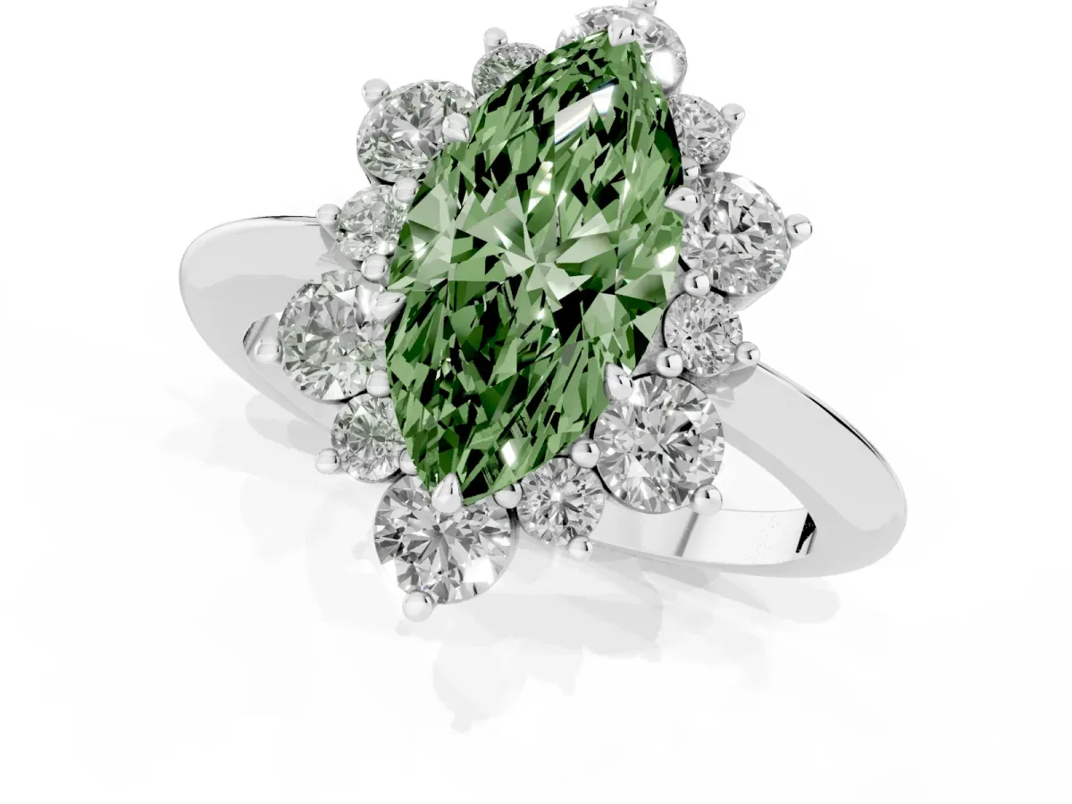 Fancy Green Marquise Cut Diamond Cluster Halo Ring with Solitaire Band and Four-Prong Setting Platinum
