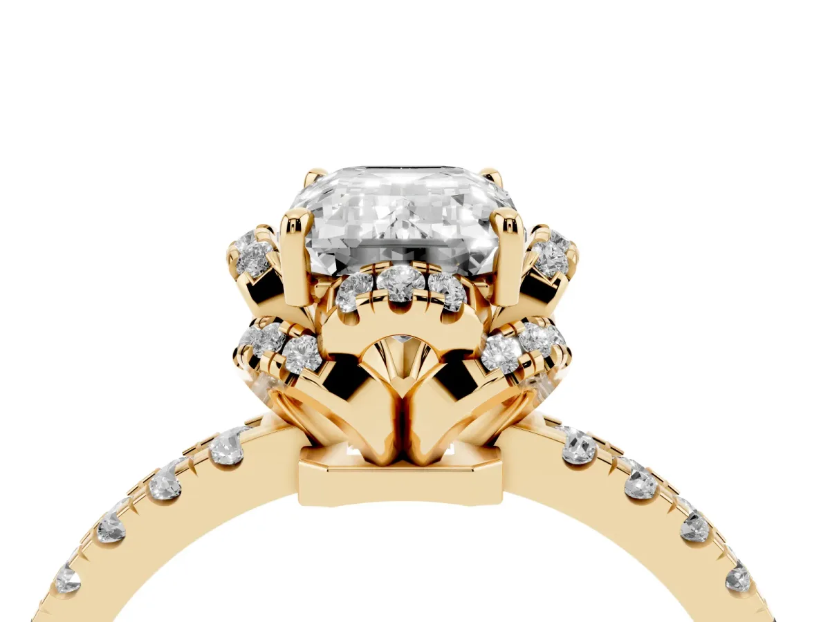 Emerald Cut Halo Diamond Pave Band Ring with Four-Prong Setting Yellow gold