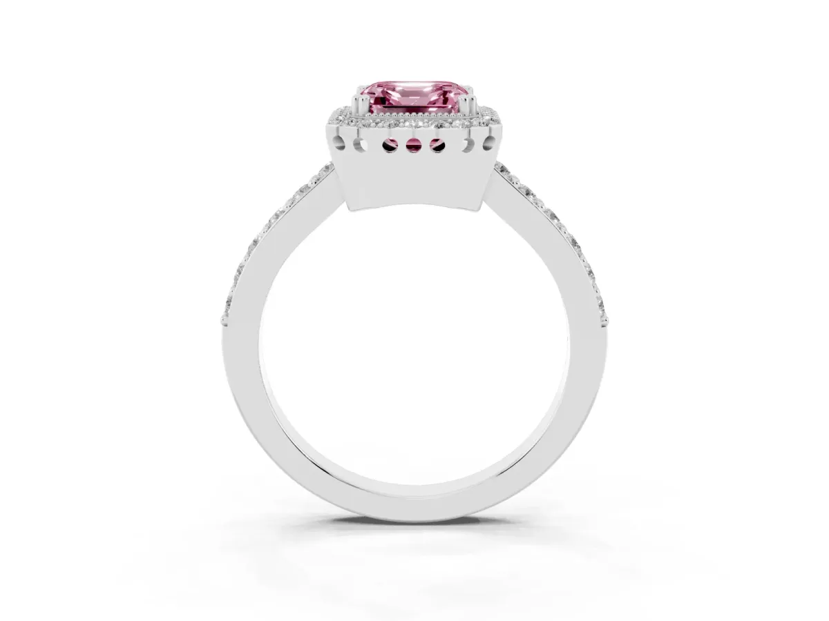 Fancy Pink Asscher Cut Cut Diamond Halo Engagement Ring with Milgrain Detail and Pavé Band Silver