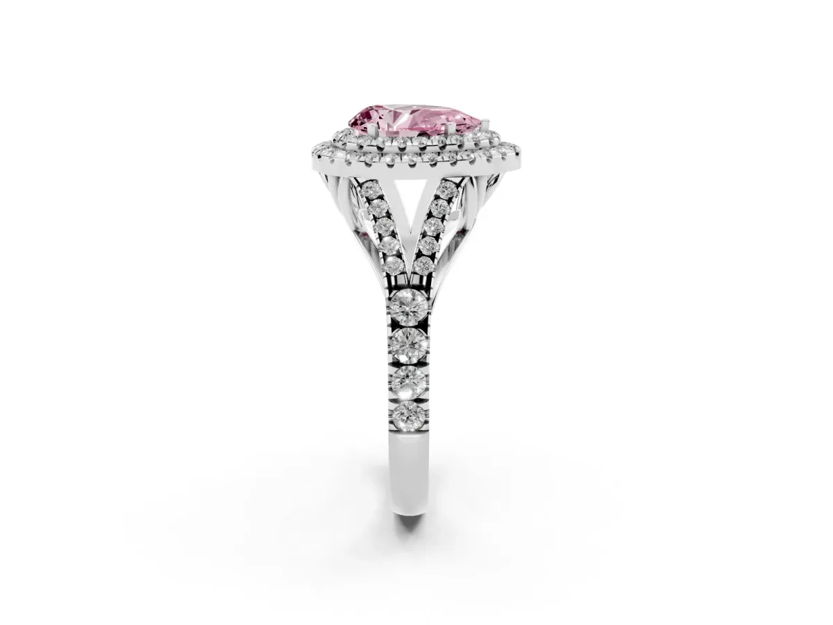 Fancy Pink Pear Cut Diamond Pavé Split Shank Double Halo Engagement Ring Silver