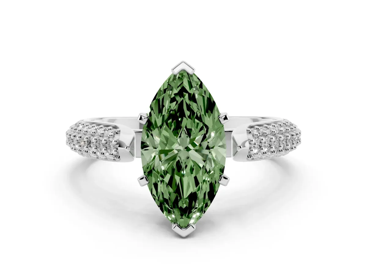 Fancy Green Marquise Cut Diamond Solitaire Engagement Ring with Multi-Row Round Pavé Band and Prong Setting Silver
