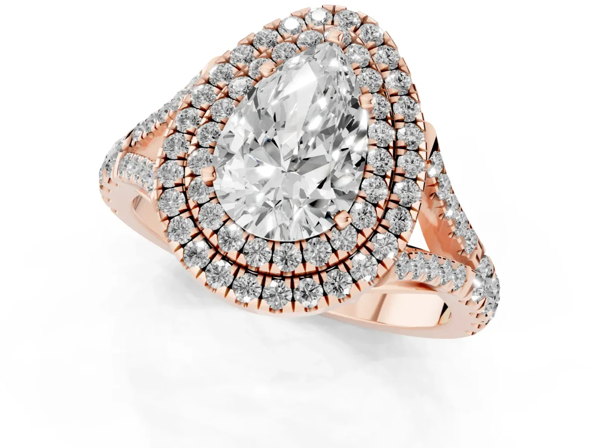 Pear Cut Diamond Double Halo Ring with Split Shank and Prong Setting Rose gold