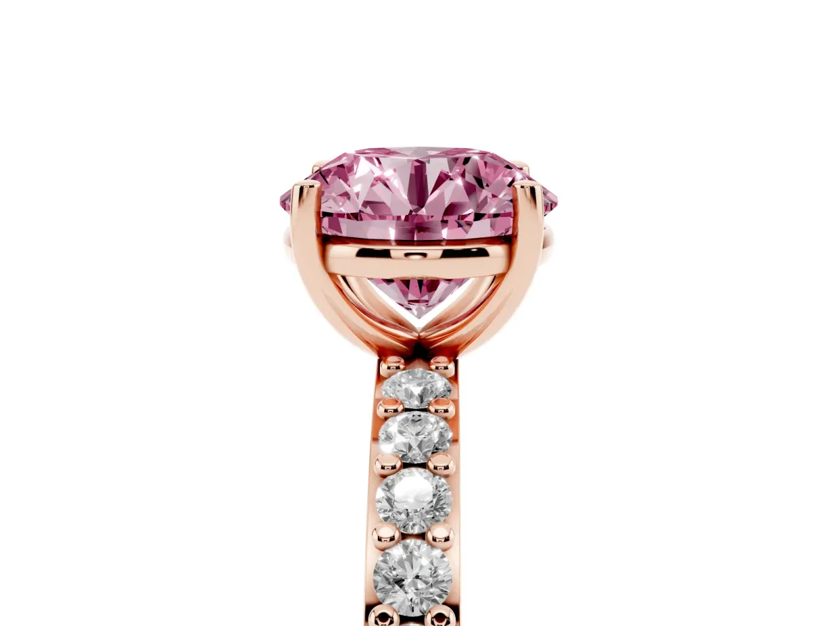 Fancy Pink Round Cut Cut Diamond Solitaire with Pave Band and Four-Prong Setting Rose gold