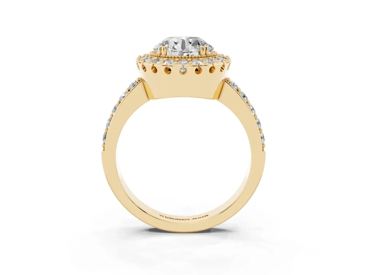 Round Cut Diamond Halo Ring with Pavé Band and Prong Setting Yellow gold