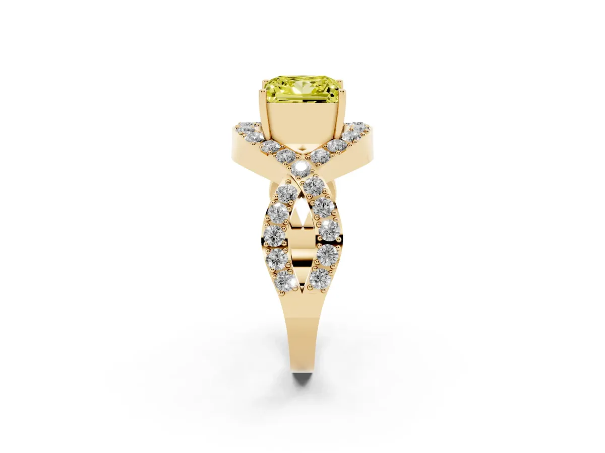 Fancy Yellow Princess Cut Solitaire Twist Band Pavé Diamond Engagement Ring Yellow gold
