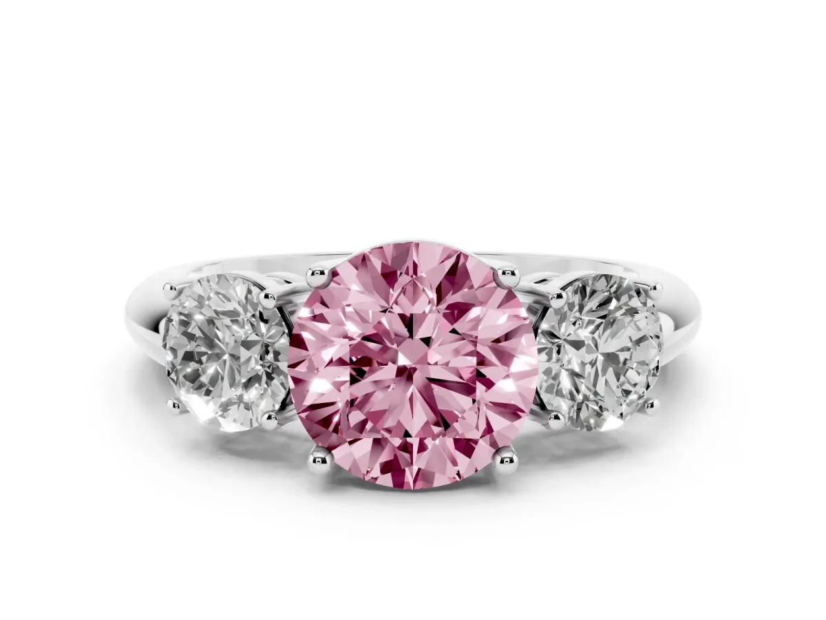 Fancy Pink Three-Stone Round Cut Cut Diamond Engagement Ring with Prong Setting on a White Gold Band Silver