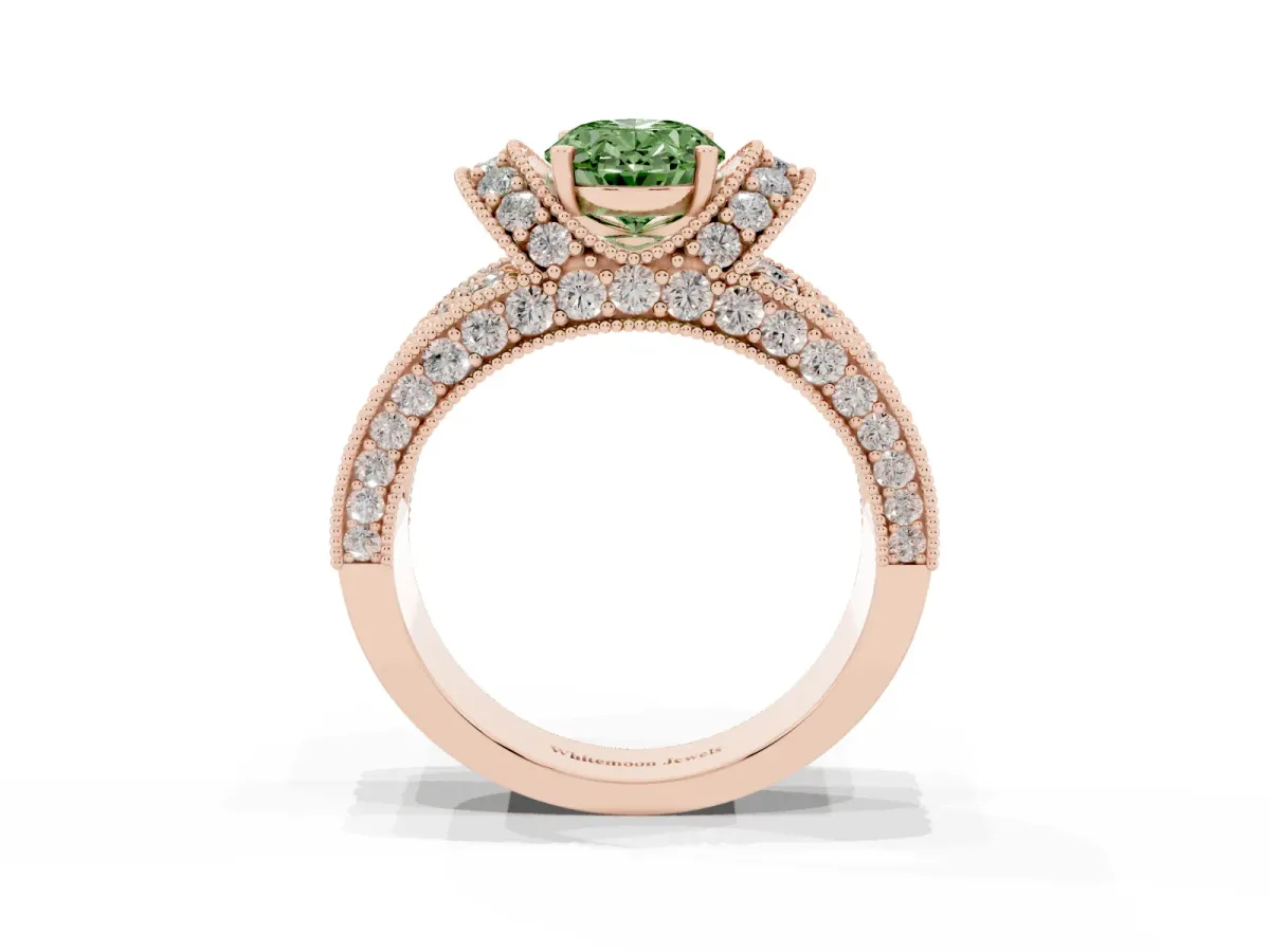 Fancy Green Oval Cut Halo Pave Diamond Engagement Ring with Milgrain Detailing Rose gold
