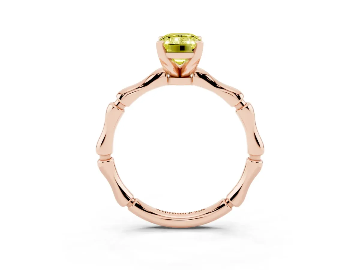 Fancy Yellow Emerald Cut Solitaire Diamond Ring with Bamboo Band and Four-Prong Setting Rose gold