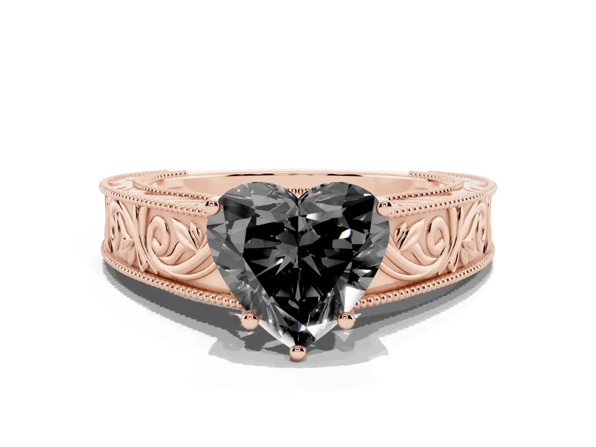 Fancy Black Heart Cut Diamond Solitaire Ring with Engraved Band and Four-Prong Setting Rose gold