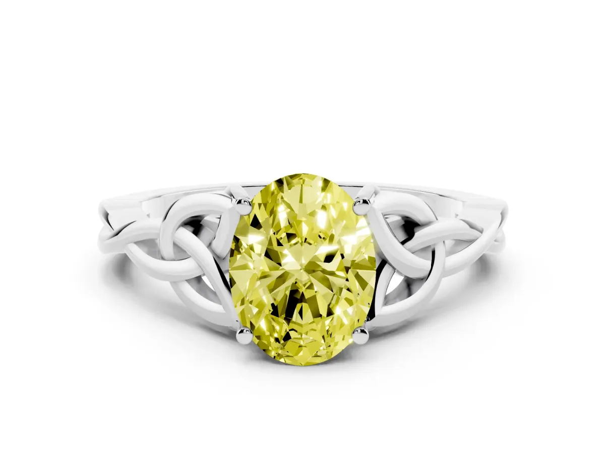Fancy Yellow Oval Cut Diamond Solitaire Engagement Ring with Celtic Knot Band and Four-Prong Setting White gold
