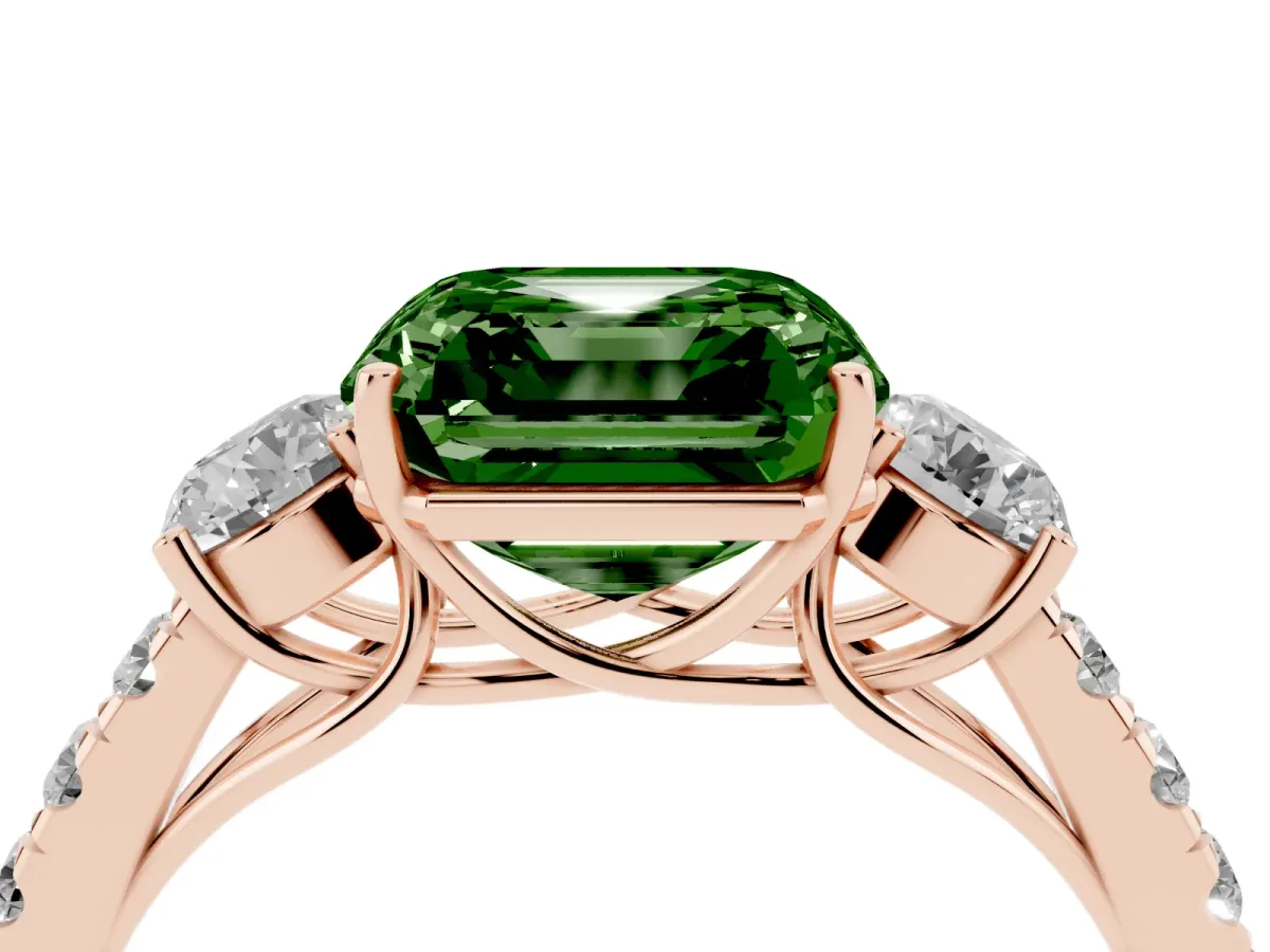Fancy Green Asscher Cut Cut Diamond Three-Stone Ring with Round Side Stones and Pavé Band Rose gold