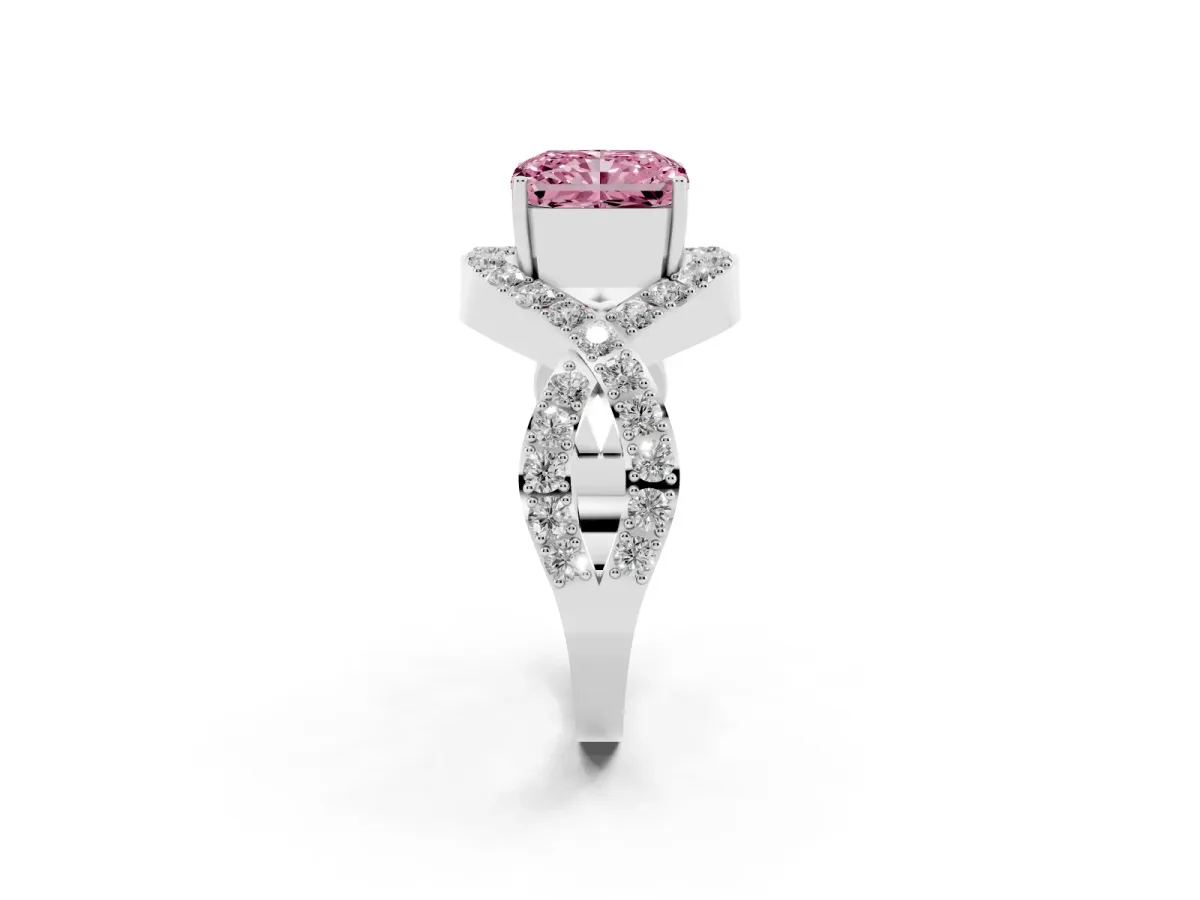 Fancy Pink Radiant Cut Solitaire Twist Band Pavé Diamond Engagement Ring Platinum
