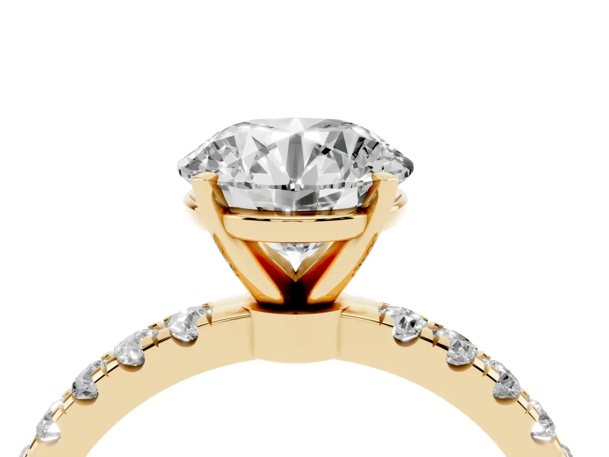 Round Cut Diamond Solitaire Ring with Pavé Accents and Four-Prong Setting Yellow gold