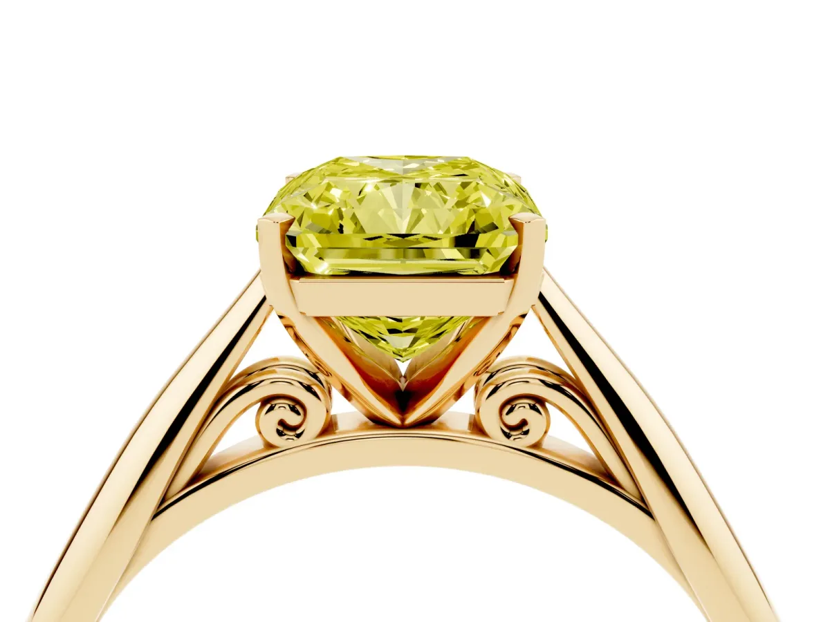 Fancy Yellow Radiant Cut Diamond Solitaire Engagement Ring with Cathedral Setting and Four-Prong Mount Yellow gold
