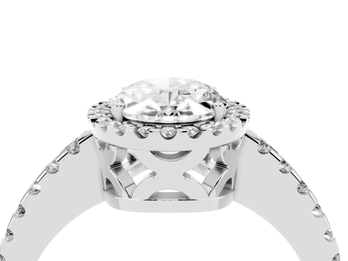 Oval Cut Diamond Halo Engagement Ring with Pavé Band and Prong Setting Platinum