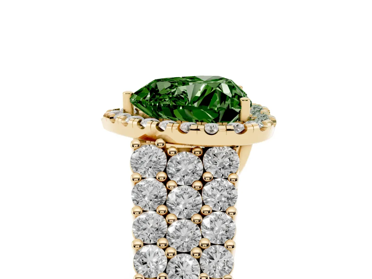 Fancy Green Heart Cut Diamond Halo Engagement Ring with Triple Row Round Pavé Band and Prong Setting Yellow gold