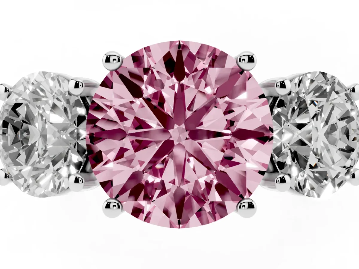 Fancy Pink Three-Stone Round Cut Diamond Ring with Round Pavé Band and Prong Setting Silver