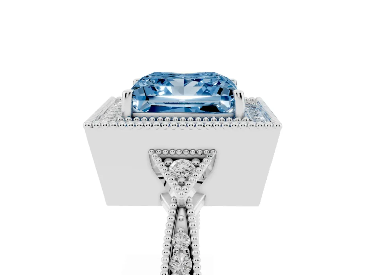 Fancy Blue Princess Cut Halo Round Diamond Milgrain Pave Engagement Ring Platinum