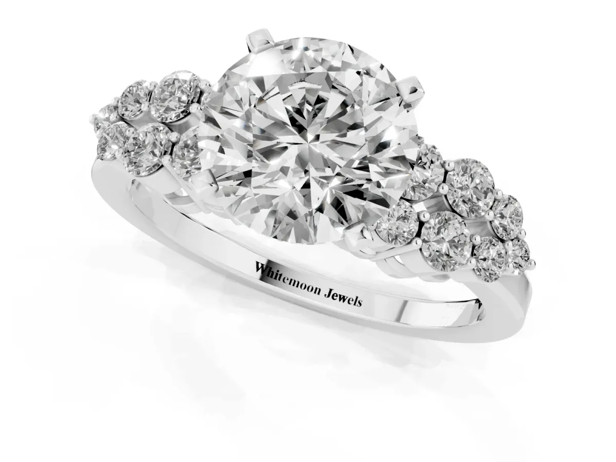 Round Cut Cluster Diamond Engagement Ring with Pavé Band and Four-Prong Setting Silver