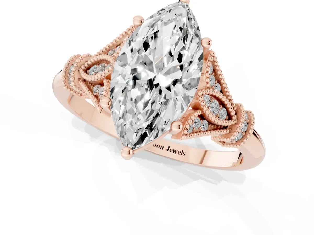 Marquise Cut Diamond Solitaire Ring with Floral Filigree and Pave Accents Rose gold