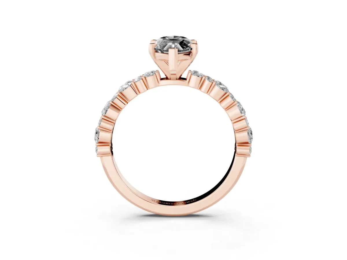 Fancy Black Marquise Cut Diamond Side Stone Solitaire Ring with Round and Four-Prong Setting Rose gold