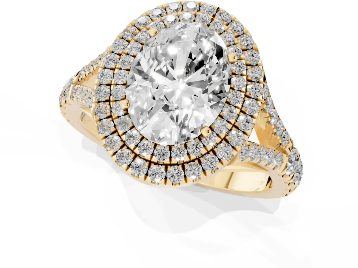 Double Halo Oval Cut Diamond Split Shank Engagement Ring with Four-Prong Setting Yellow gold
