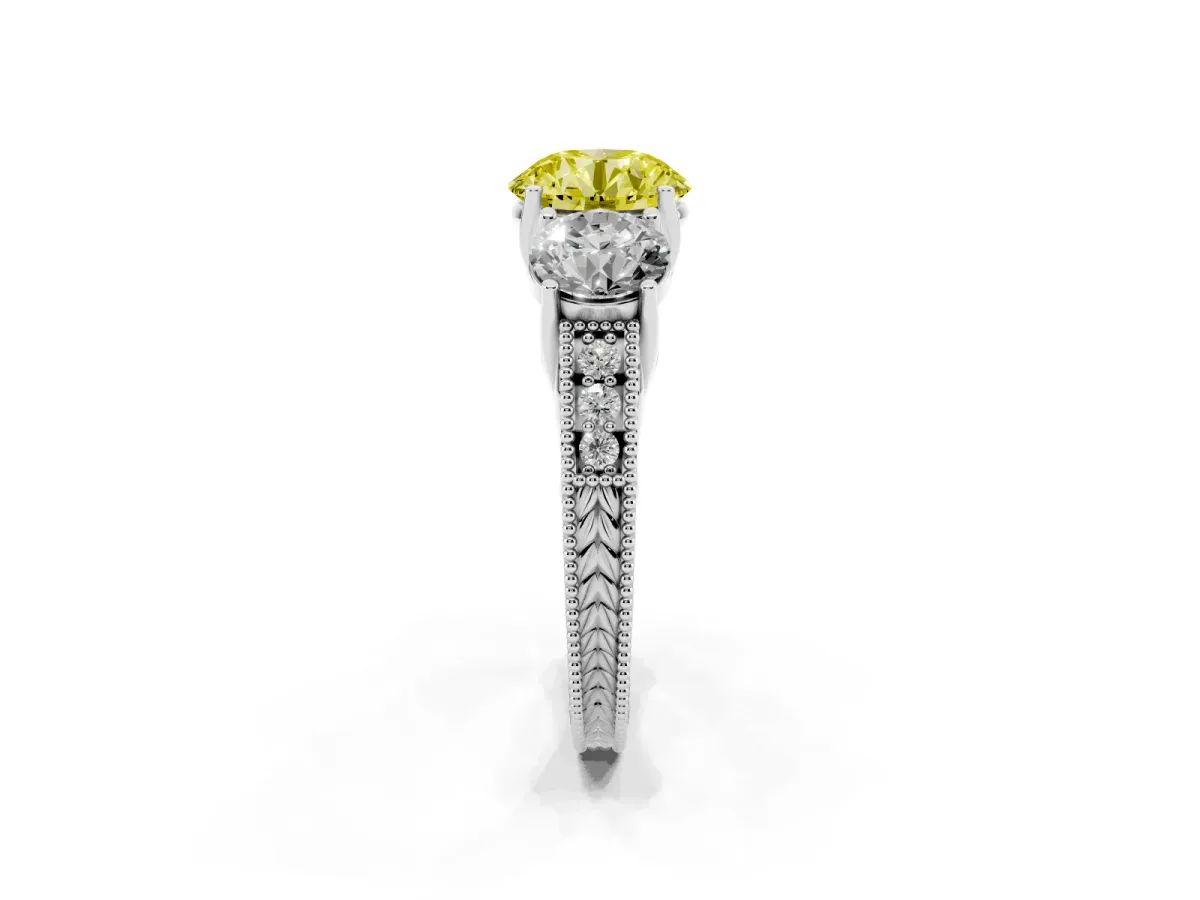Fancy Yellow Three-Stone Round Cut Cut Milgrain Pavé Engagement Ring White gold