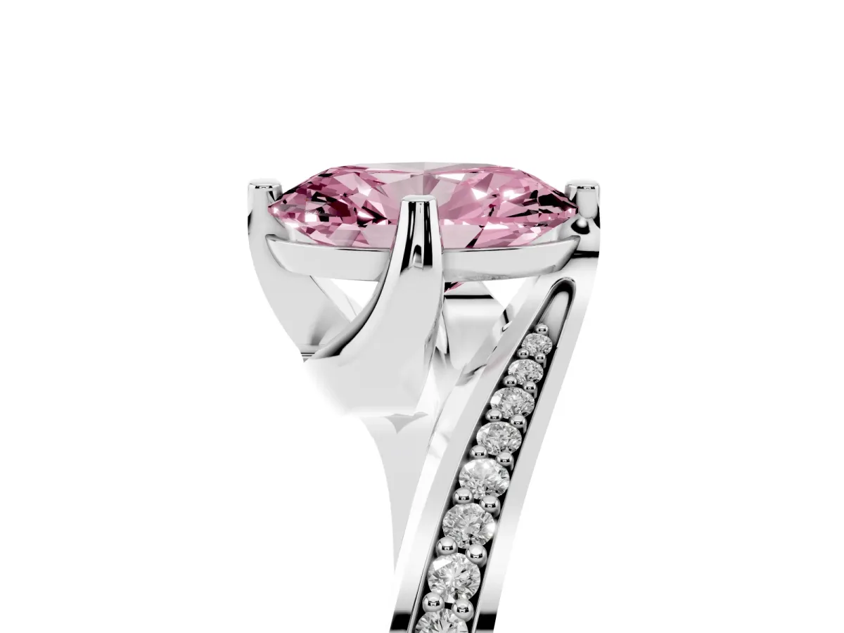 Fancy Pink Oval Cut Solitaire Diamond Twist Band with Pavé Setting and Four-Prong Setting Silver