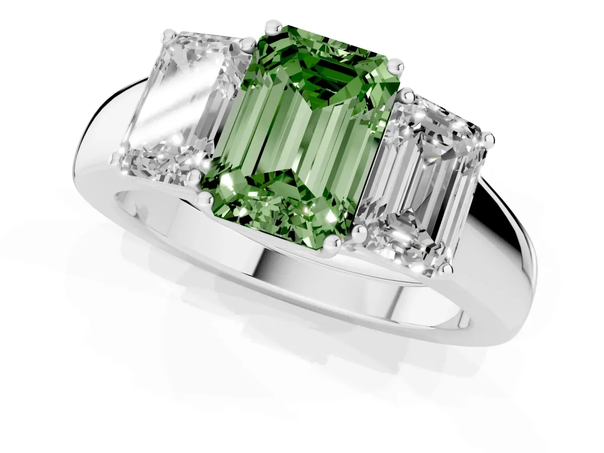Fancy Green Three-Stone Emerald Cut Cut Diamond Ring with Prong Setting and Classic Band Silver