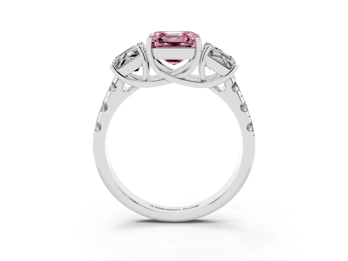 Fancy Pink Three-Stone Asscher Cut Diamond Pavé Band with Prong Setting Platinum