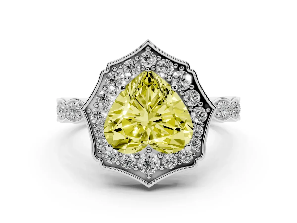Fancy Yellow Heart Cut Halo Diamond Engagement Ring with Milgrain Band and Four-Prong Setting Platinum