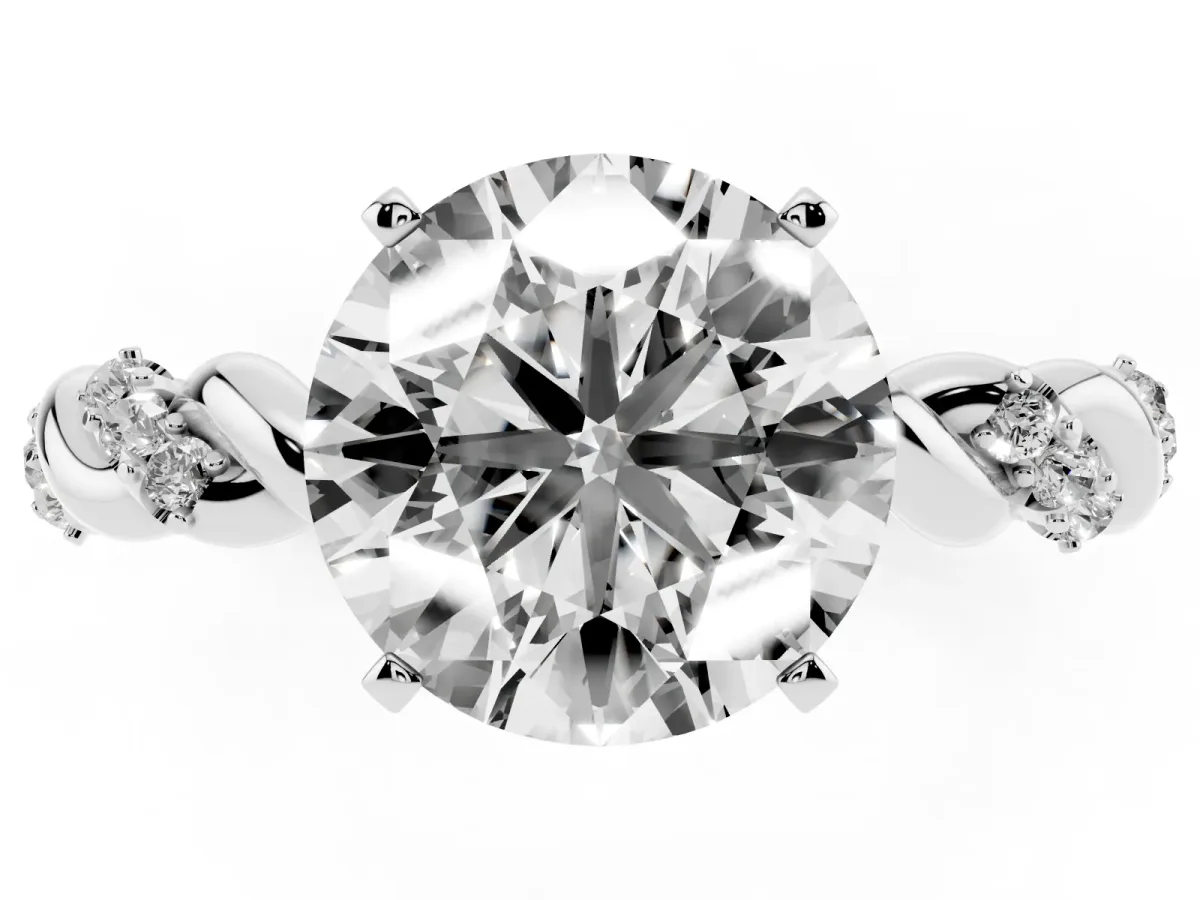 Round Cut Diamond Solitaire Ring with Twisted Band and Pavé Accents White gold