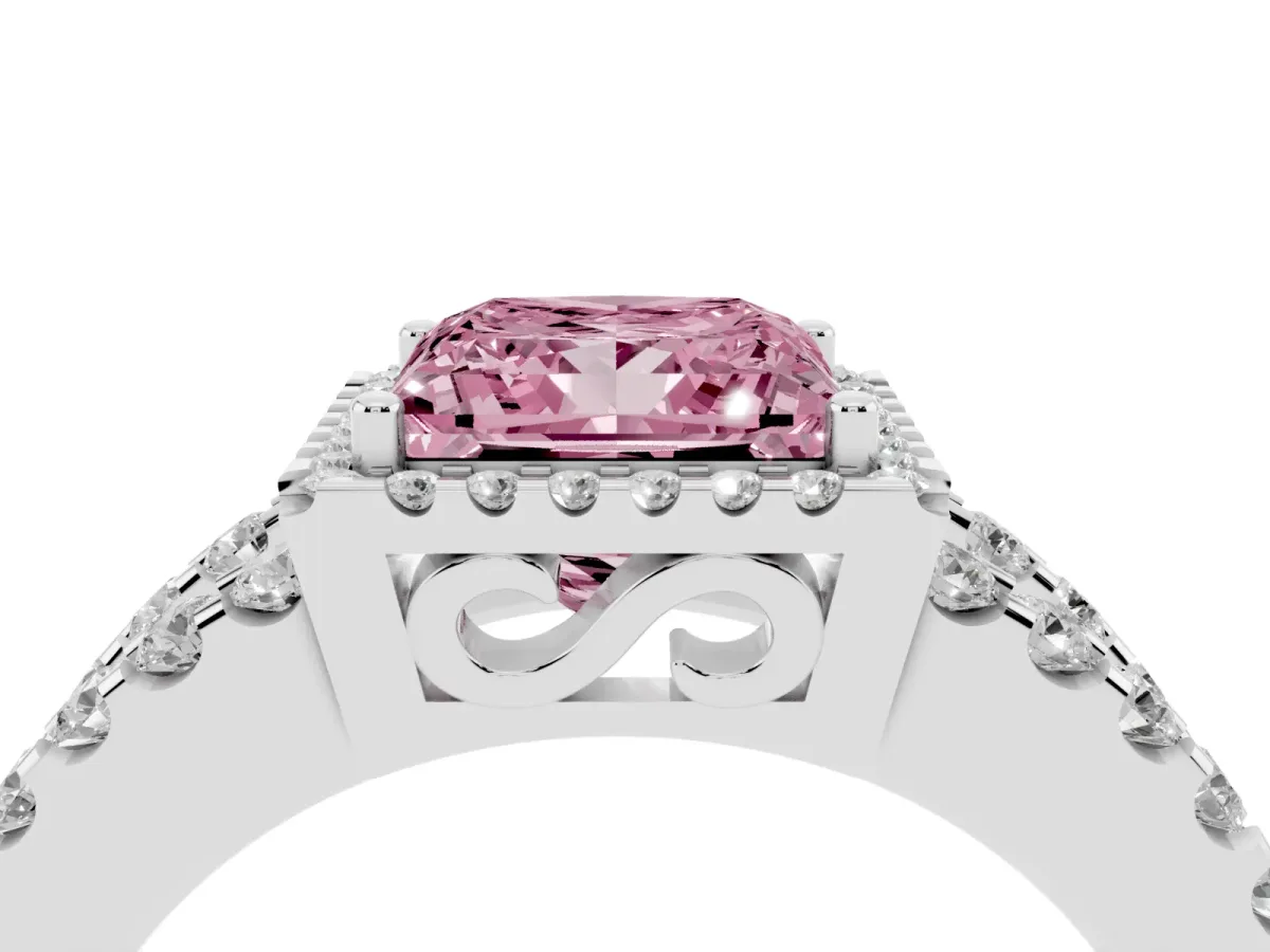 Fancy Pink Princess Cut Cut Halo Split Shank Diamond Ring with Four-Prong Setting Platinum