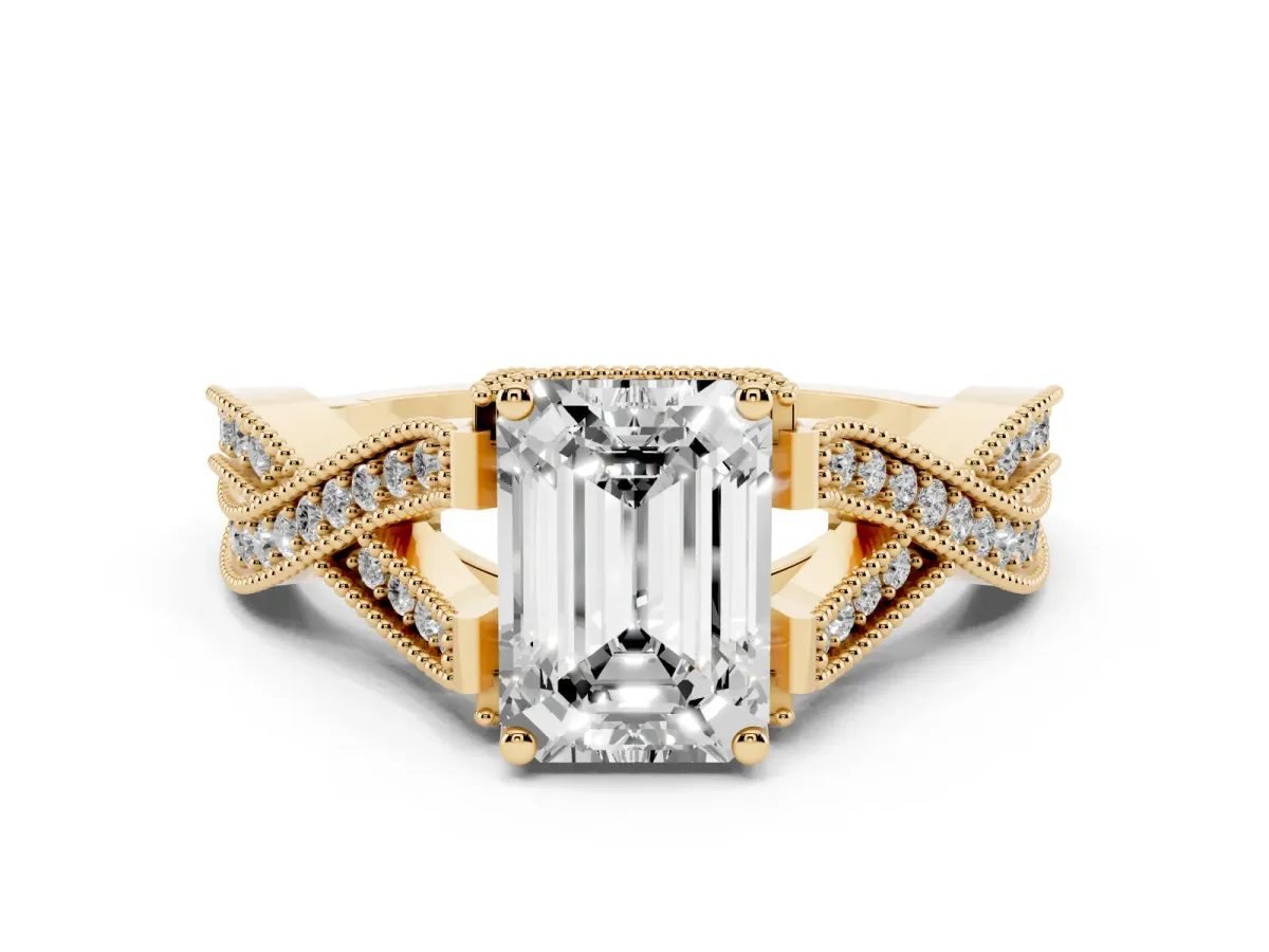 Emerald Cut Cut Diamond Twisted Band with Milgrain Pave Setting and Four-Prong Setting Yellow gold