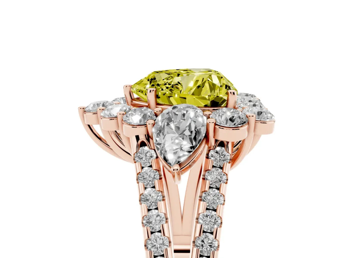 Fancy Yellow Heart Cut Halo Split Shank Diamond Engagement Ring with Prong Setting Rose gold