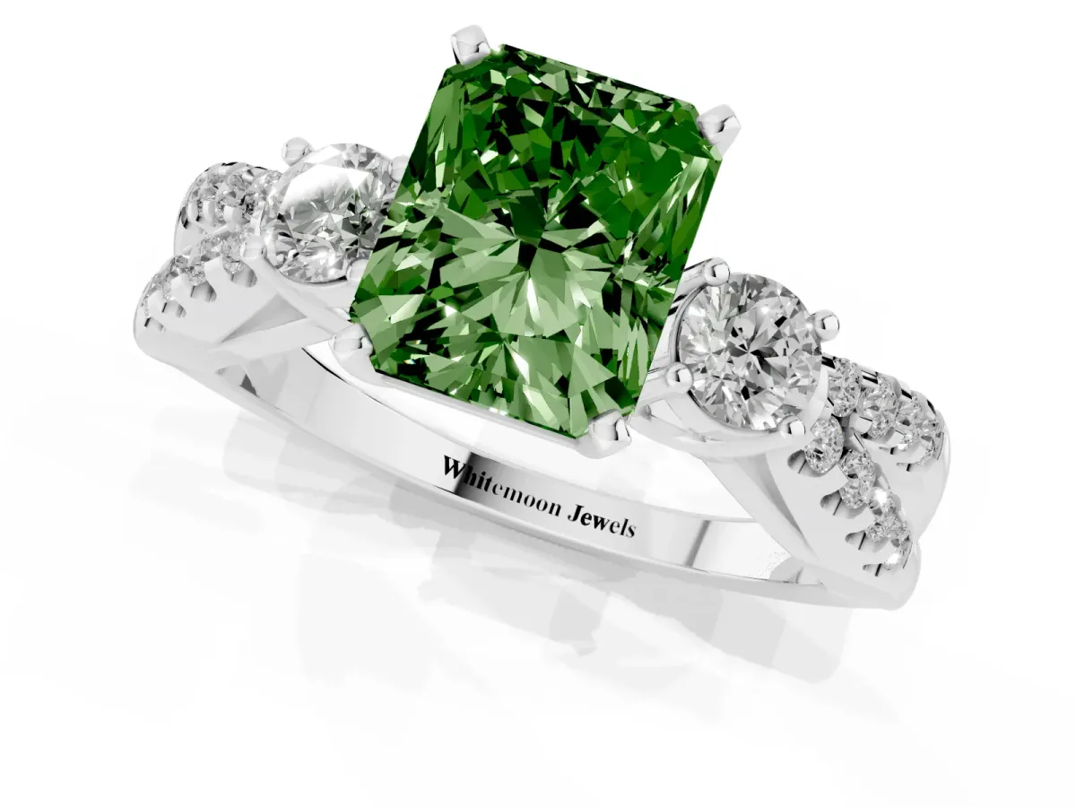 Fancy Green Radiant Cut Diamond Three-Stone Ring with Pavé Split Shank and Four-Prong Setting Silver