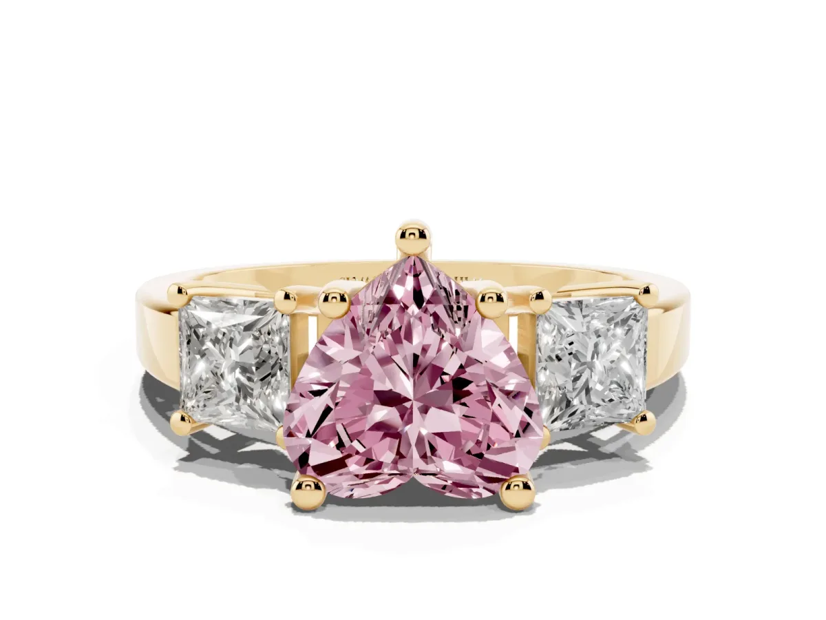 Fancy Pink Three-Stone Heart Cut Cut Solitaire Ring with Prong Setting Yellow gold