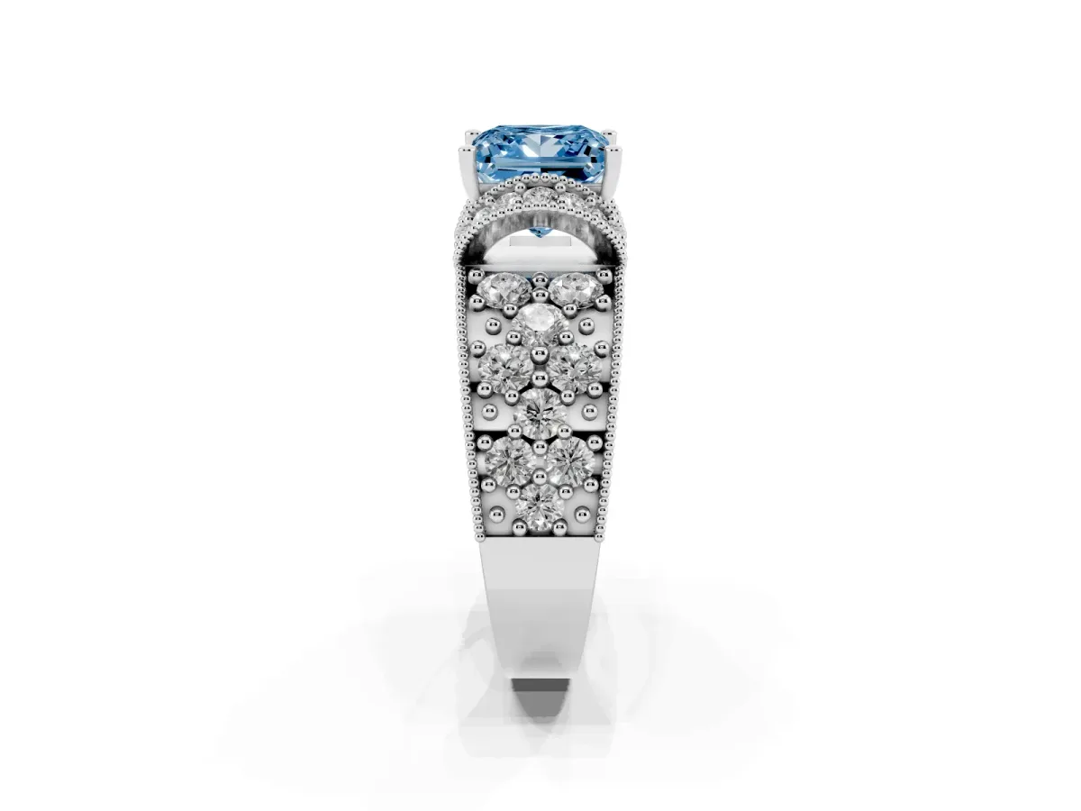 Fancy Blue Princess Cut Halo Pave Diamond Engagement Ring with Milgrain Detailing Silver