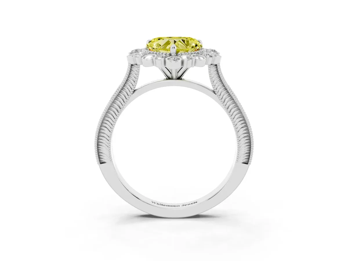 Fancy Yellow Heart Cut Halo Milgrain Pave Diamond Ring with Four-Prong Setting Silver