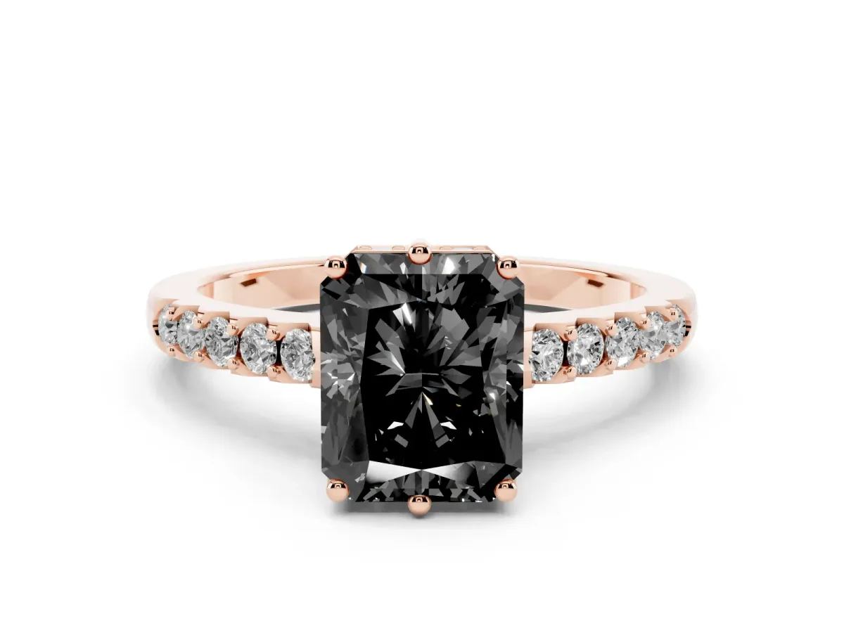 Fancy Black Radiant Cut Solitaire Diamond Engagement Ring with Pavé Band and Six-Prong Setting Rose gold