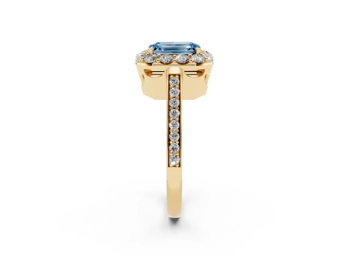 Fancy Blue Emerald Cut Diamond Floral Halo Ring with Pavé Band and Prong Setting Yellow gold