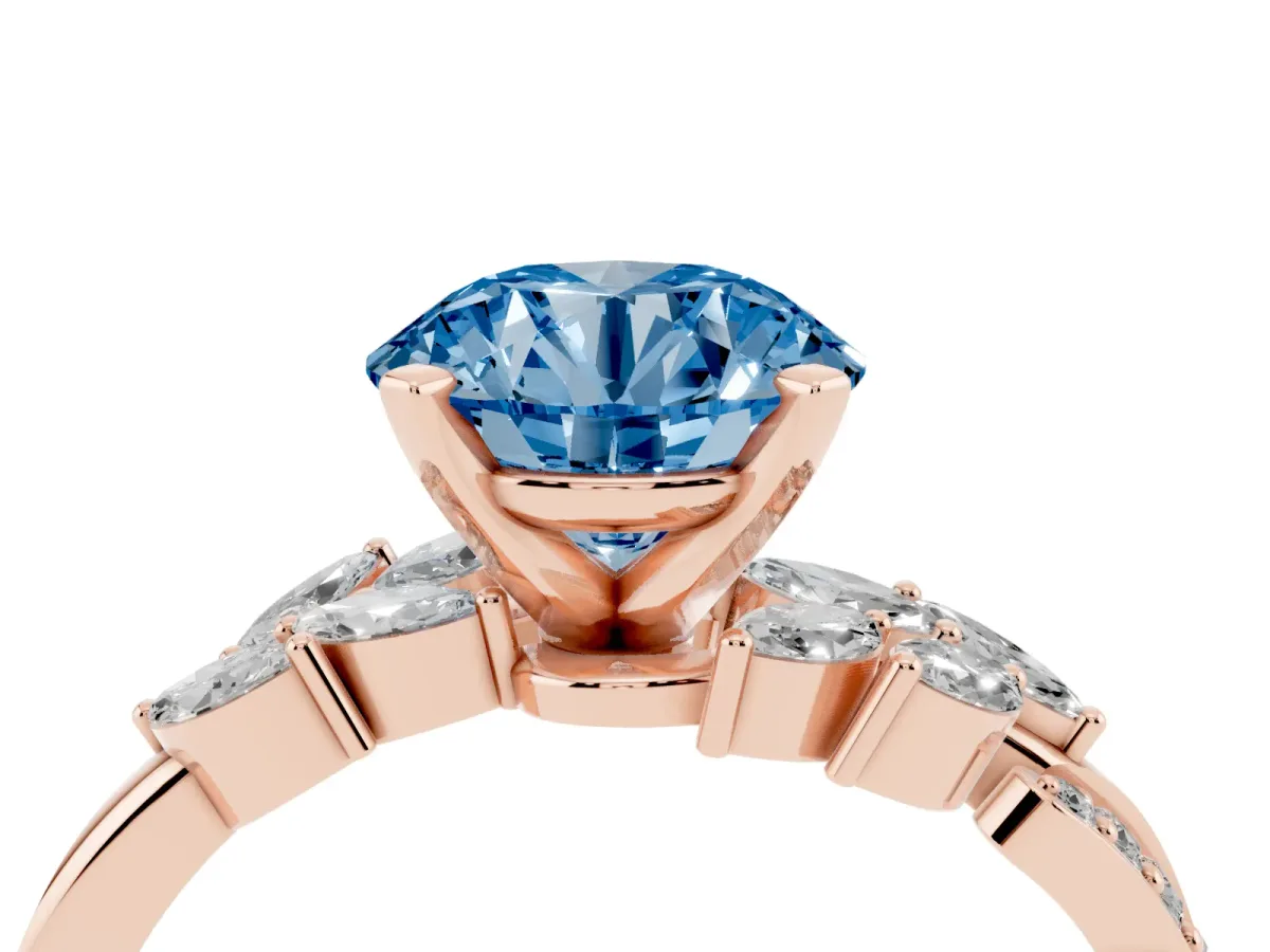 Fancy Blue Round Cut Solitaire Marquise Twist Band with Six-Prong Setting Rose gold