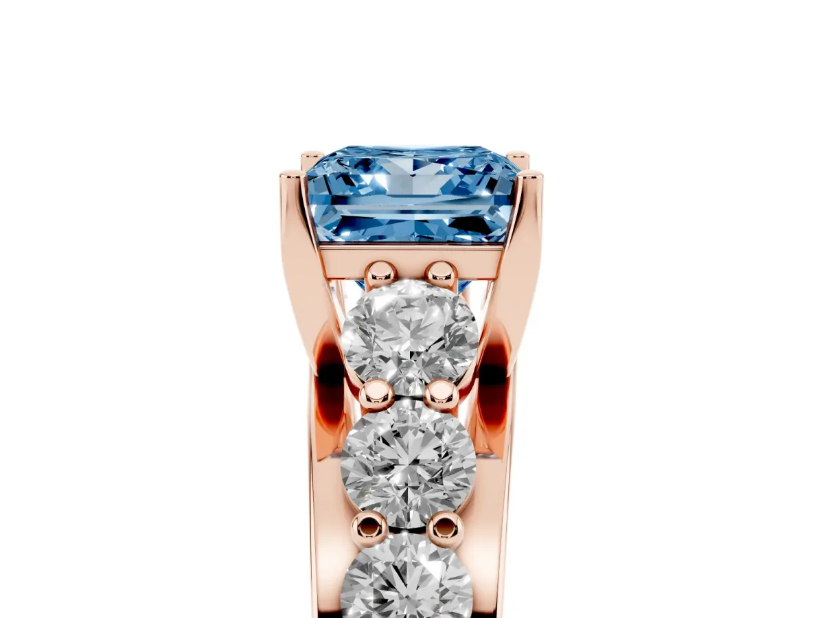 Fancy Blue Princess Cut Diamond Engagement Ring with Pavé Band and Four-Prong Setting Rose gold
