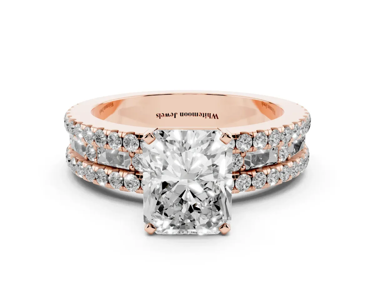 Radiant Cut Diamond Solitaire Ring with Pavé and Channel Set Band Rose gold