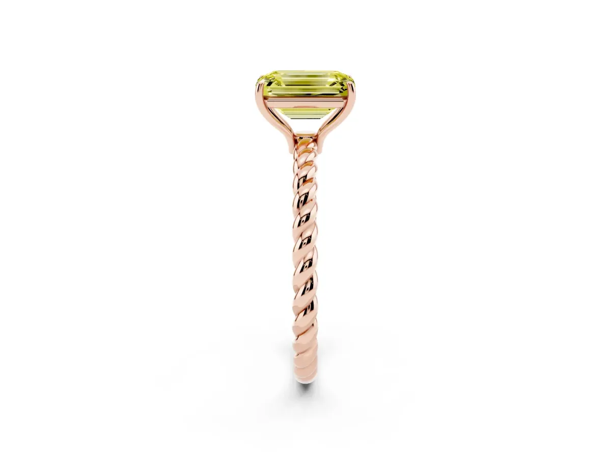Fancy Yellow Emerald Cut Solitaire Twisted Band 4-Prong Ring Rose gold